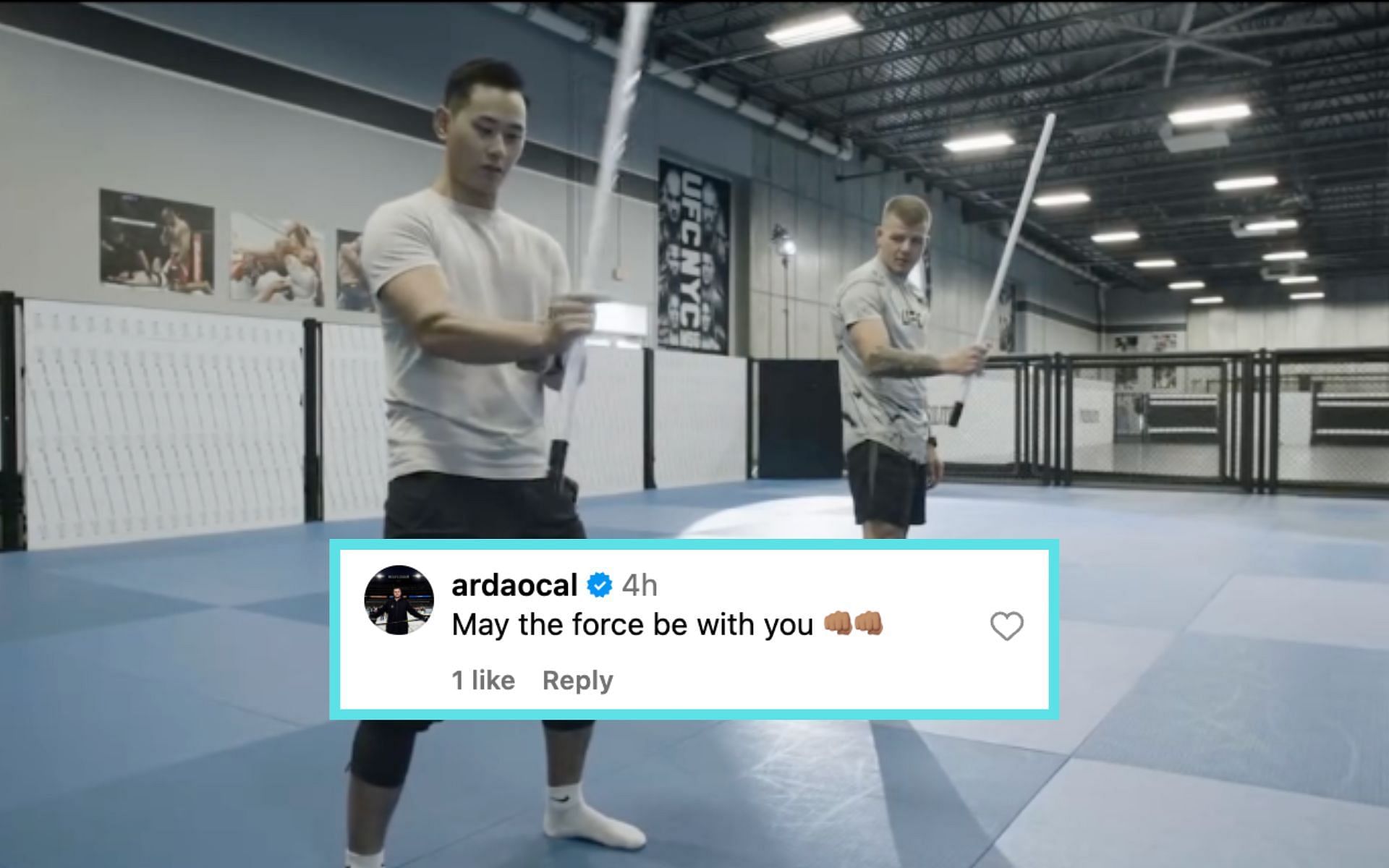 Grant Dawson (right) receives &quot;Jedi training&quot; from a Star Wars stunt double (left) ahead of UFC 302 [Photo Courtesy @ardaocal on Instagram]