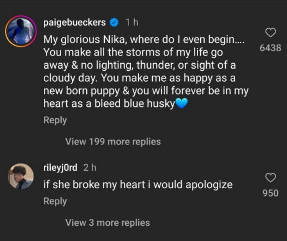 Paige Bueckers comment on Nika Muhl&#039;s post