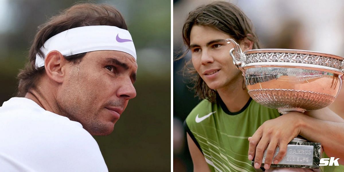 Rafael Nadal with the 2005 French Open trophy (R). PHOTOS: GETTY
