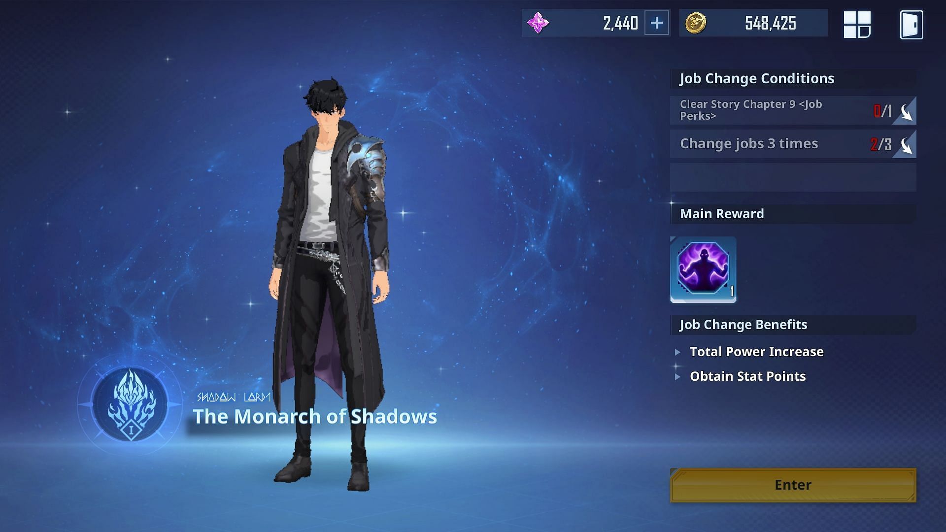 An in-game screenshot of Sung Jinwoo in The Monarch of Shadows job (Image via Netmarble)