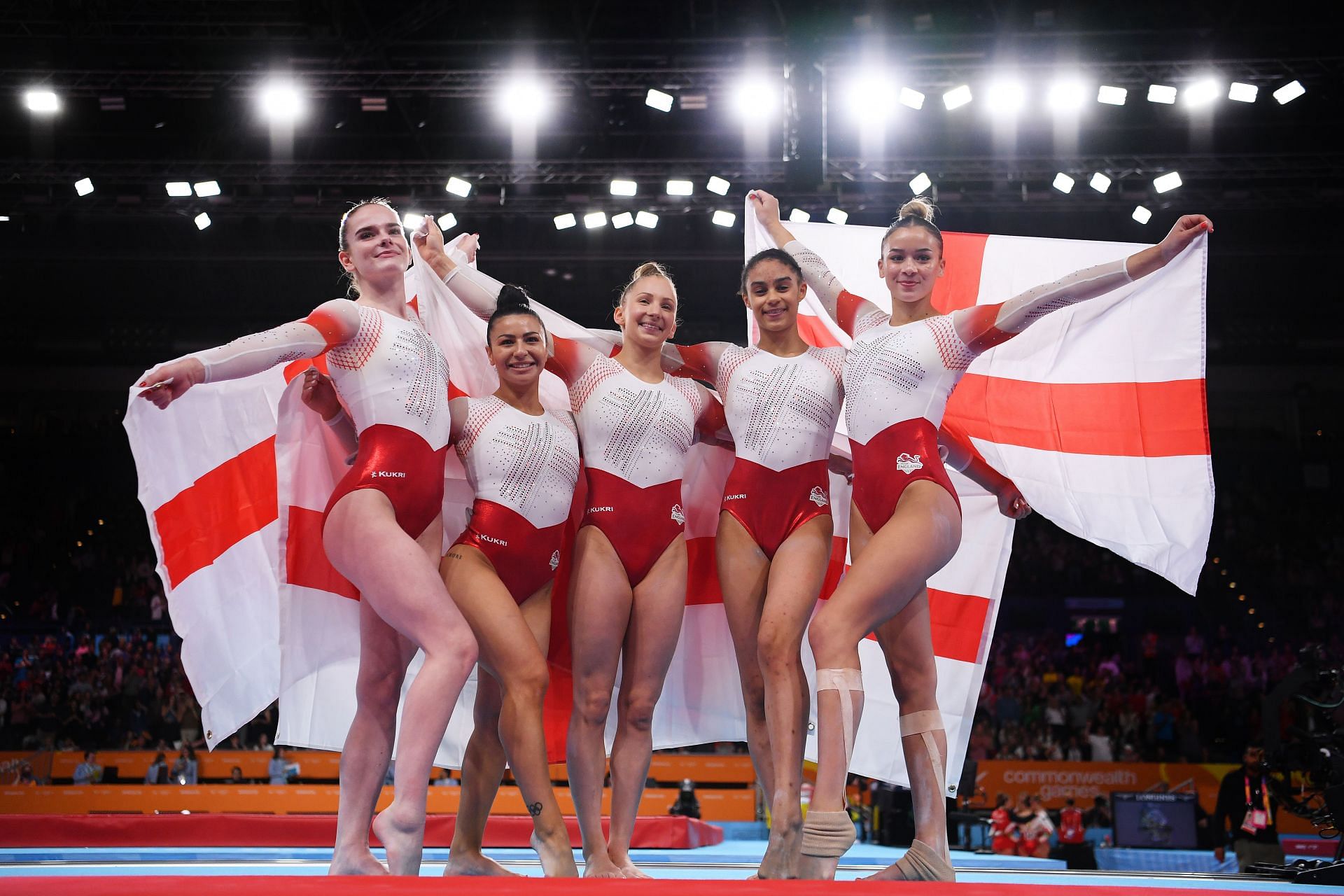 Team England celebrates following the Women&#039;s Team Final and Individual Qualification at the 2022 Birmingham Commonwealth Games at Arena in Birmingham, England.