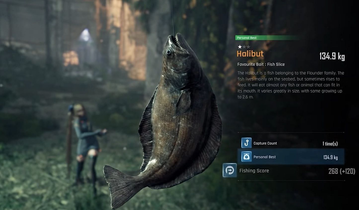 Eve catching the Halibut in Stellar Blade as part of the Fish Research request (Image via Sony Interactive Entertainment)