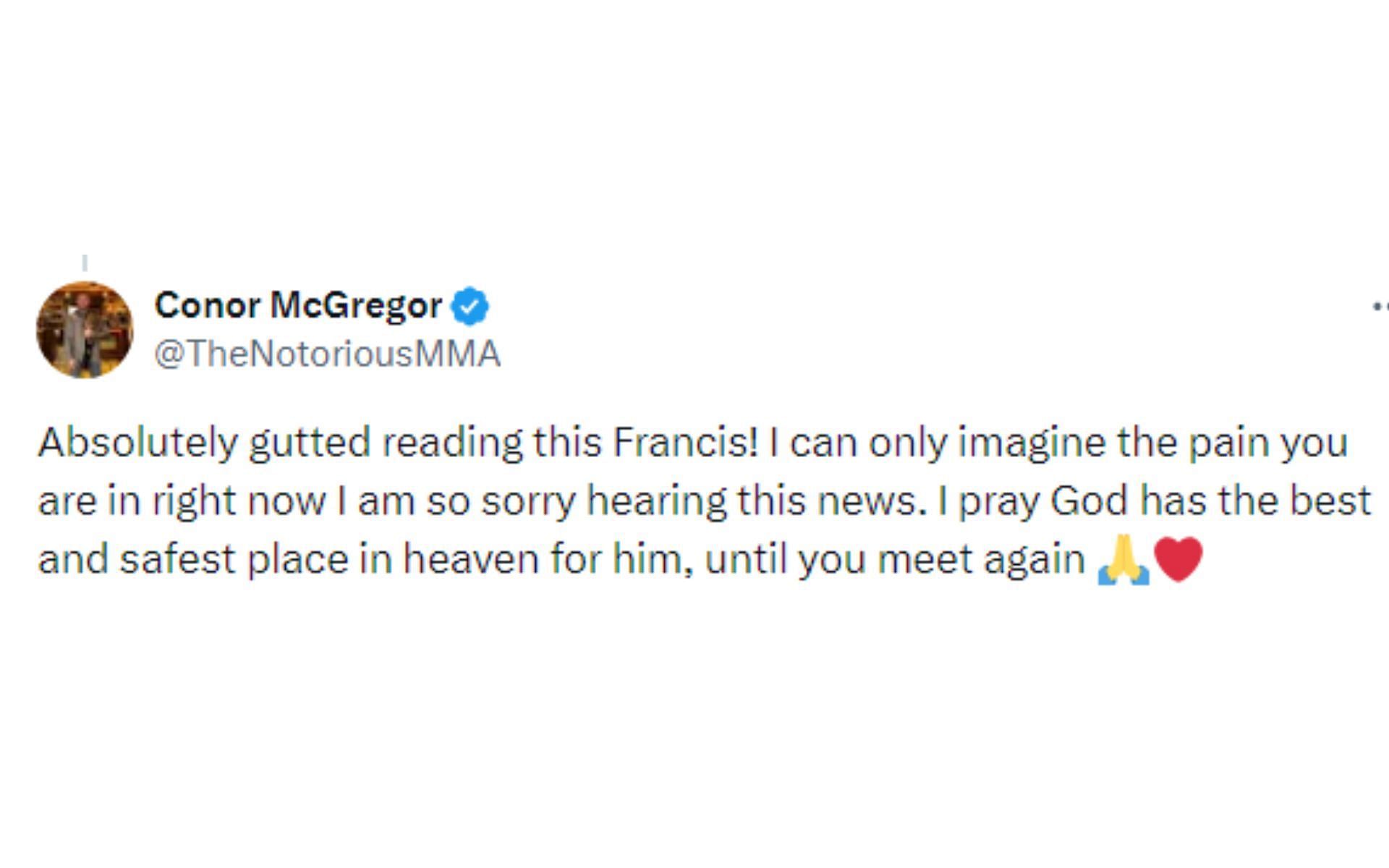 McGregor&#039;s tweet regarding Ngannou&#039;s son passing away [Image courtesy: @TheNotoriousMMA - X]
