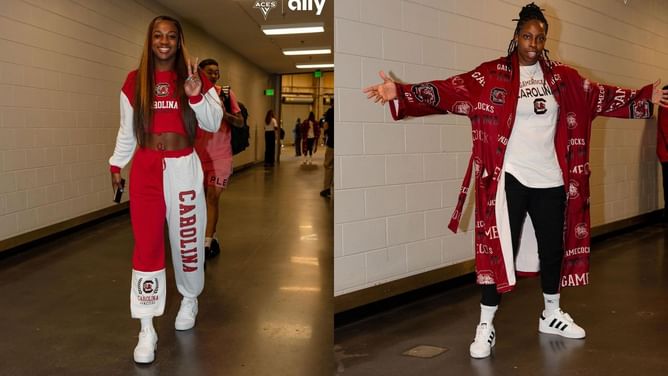 WATCH: A'Ja Wilson makes a few members of the Las Vegas Aces crew wear Gamecocks-themed outfits ahead of gameday in South Carolina