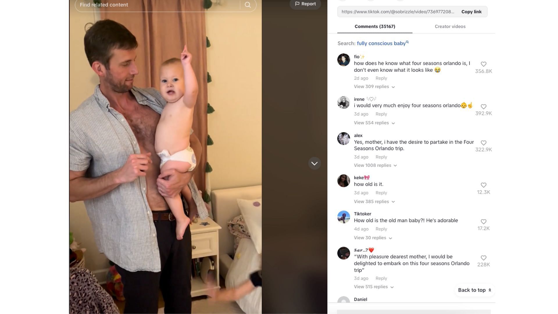 Fans react to baby&#039;s &quot;Me!&quot; response to a trip to Four Seasons (Image via TikTok/@sobrizzle)