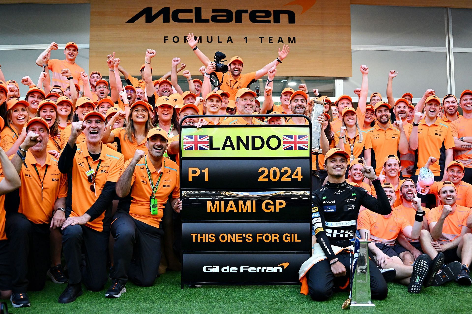 McLaren celebrate Lando Norris&#039;s win in Miami (Photo by Clive Mason/Getty Images)