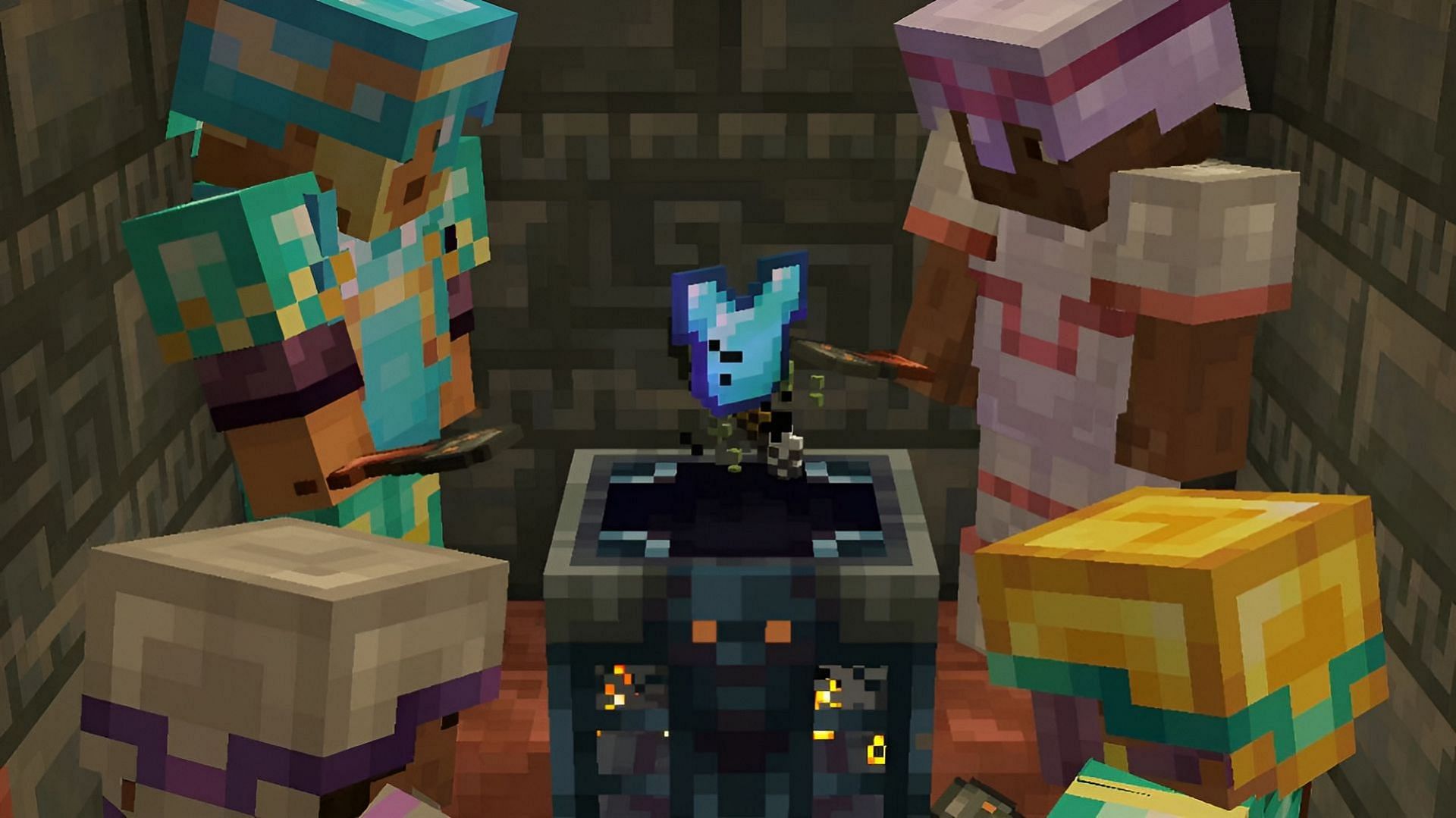 Players open a vault in a trial chamber in 1.21 Tricky Trials (Image via Mojang)