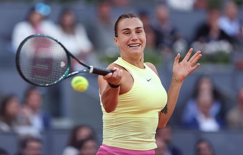 Aryna Sabalenka in action against Iga Swiatek in the women's singles final of the 2024 Madrid Open