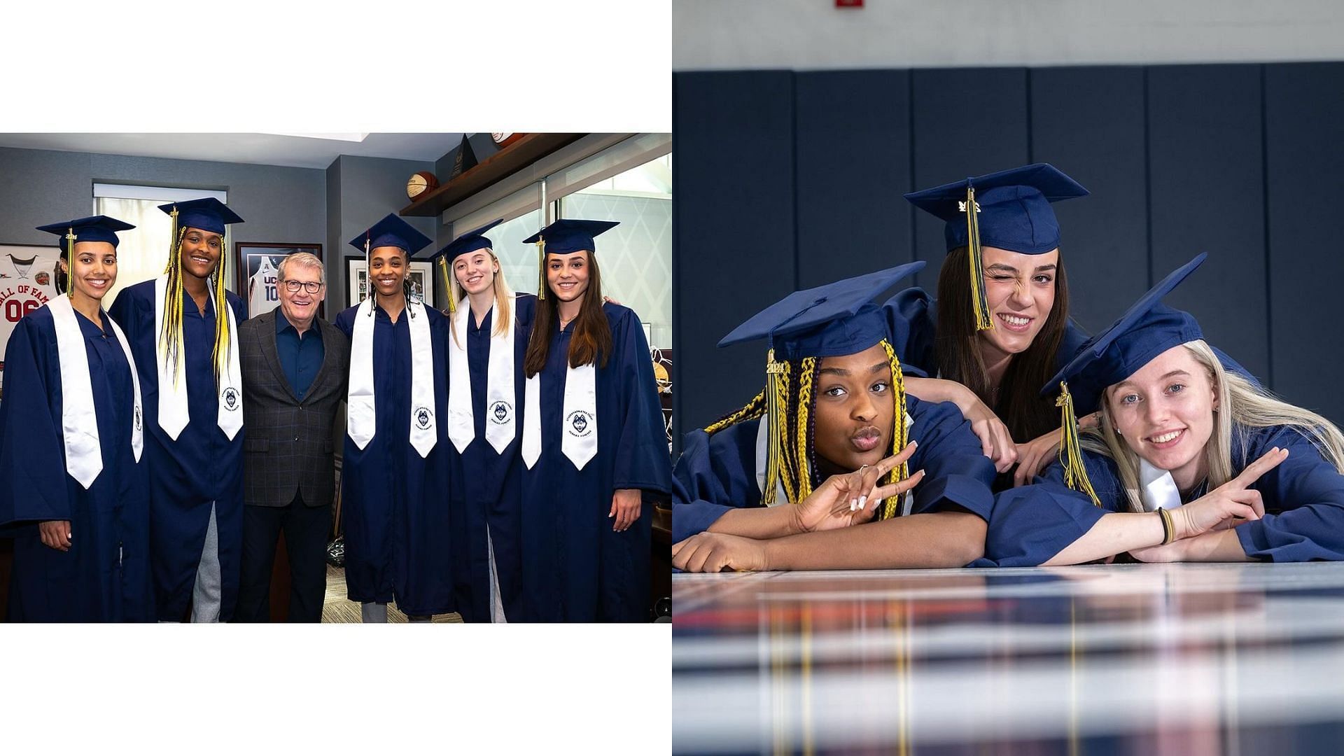 UConn Huskies players graduated and posed in sweatpants. 