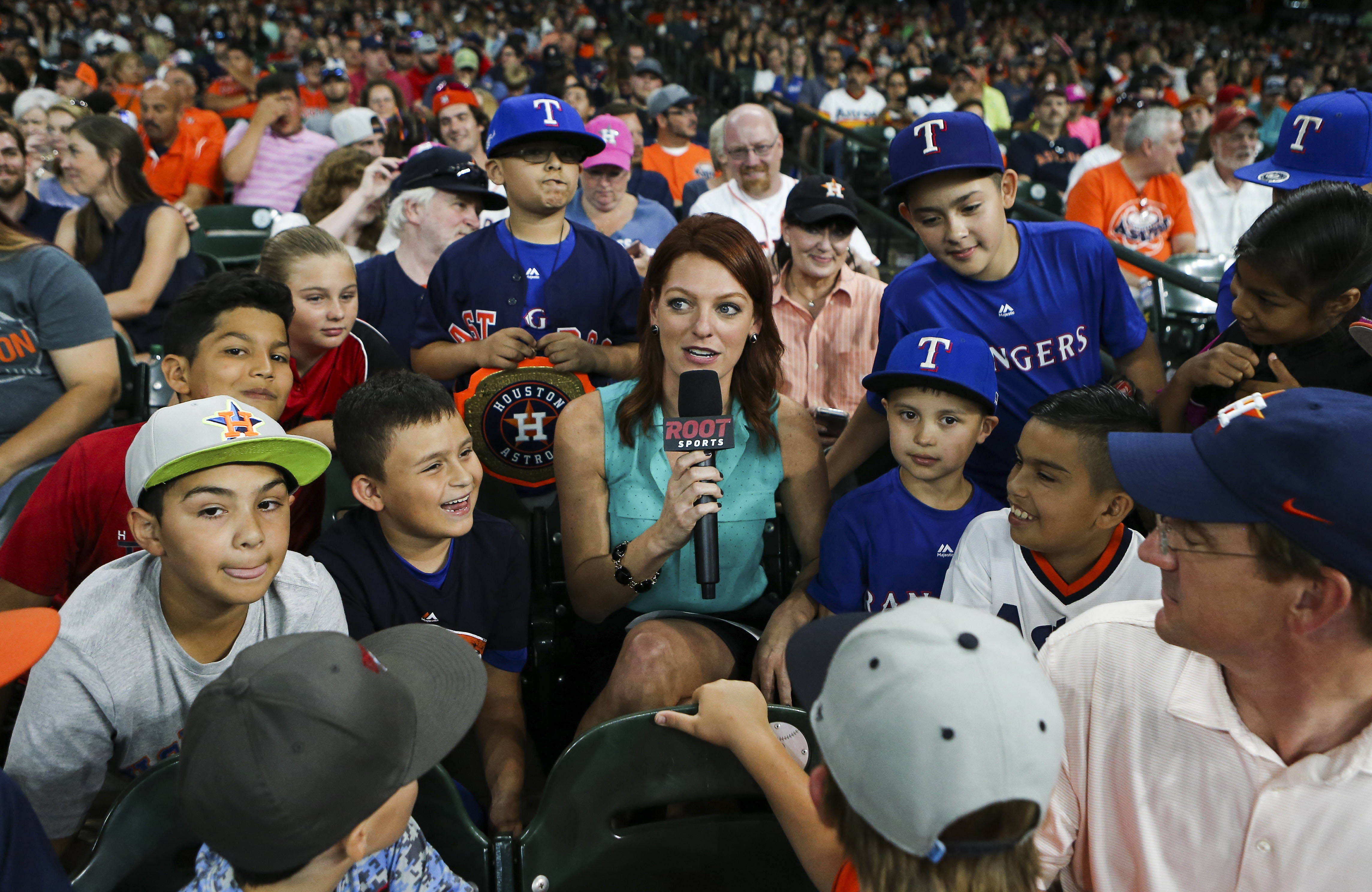 Cleveland Indians at Houston Astros: Julia Morales talking with fans