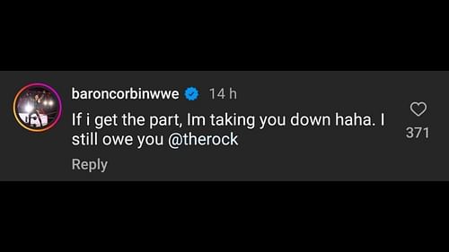 Screenshot of Baron Corbin's comment on The Rock's Instagram post