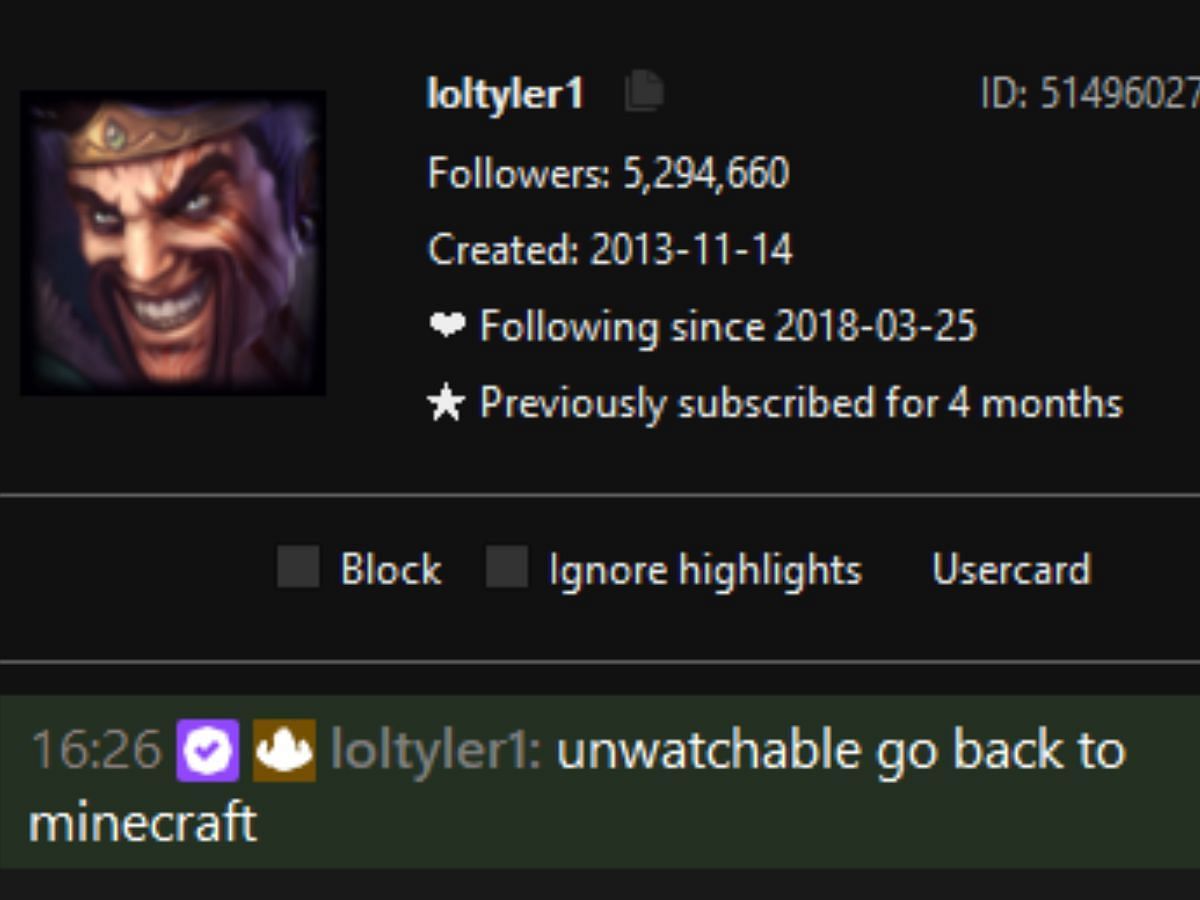 Tyler&#039;s comment on Forsen&#039;s chat after the latter streamed League of Legends (Image via r/LSF)