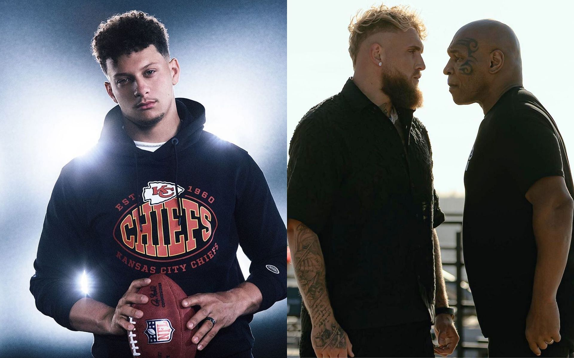 Patrick Mahomes (left) gives his take on Jake Paul (middle) vs. Mike Tyson (right) [Images courtesy of @patrickmahomes and @jakepaul on Instagram]