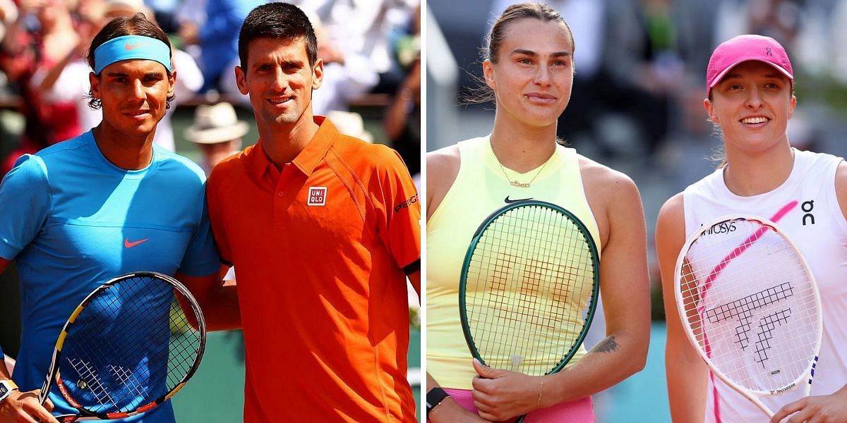 Rafael Nadal with Novak Djokovic; Aryna Sabalenka with Iga Swiatek (R)