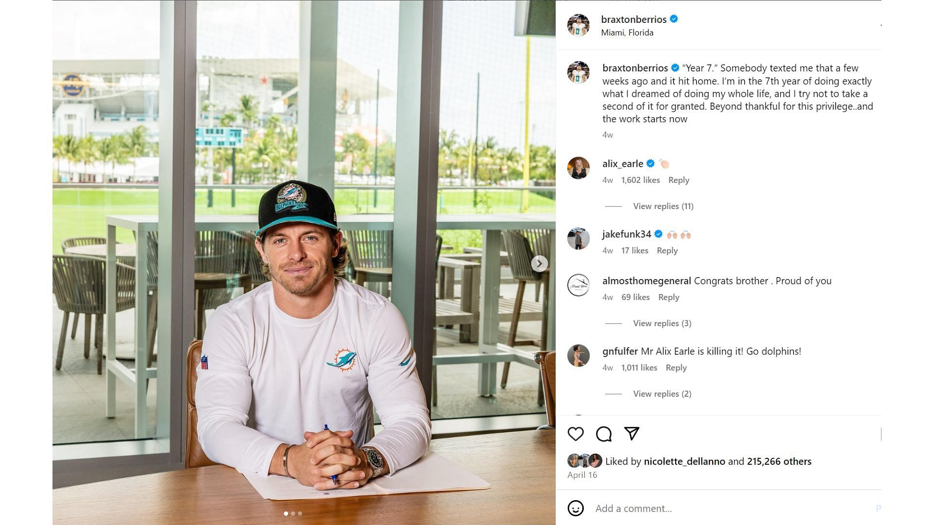 Alix Earle commented on Braxton Berrios&#039; post about Dolphins (source - @braxtonberrios official IG)