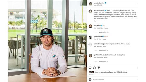 Alix Earle commented on Braxton Berrios' post about Dolphins (source - @braxtonberrios official IG)