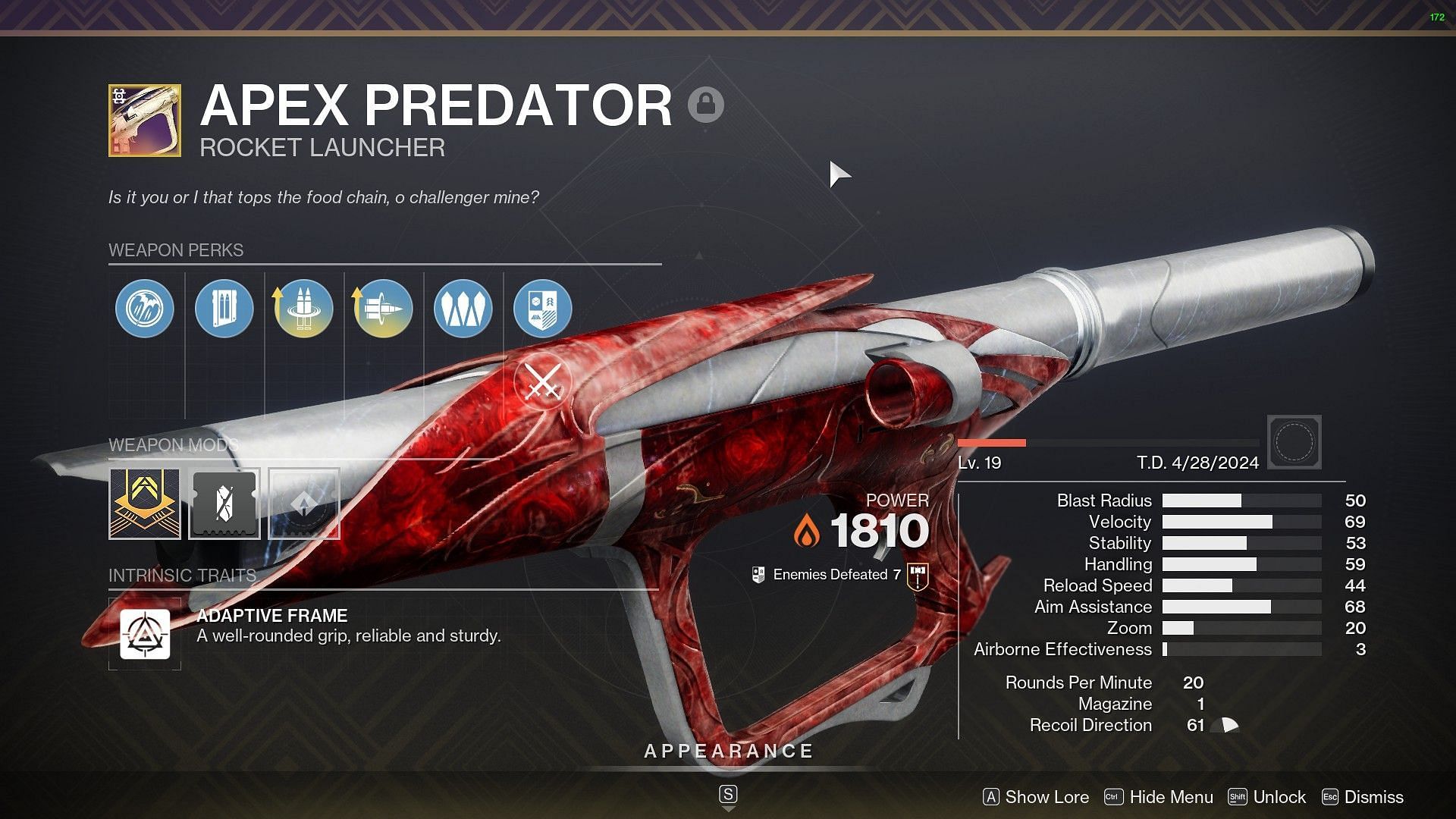 Apex Predator Rocket Launcher (Image via Bungie)