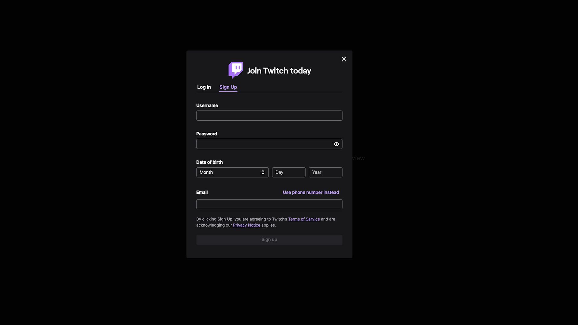 Twitch&#039;s account creation page (Image via Twitch)