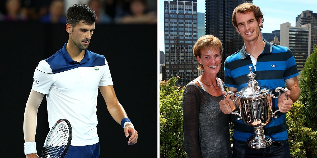 Novak Djokovic(L), Andy Murray with mother Judy Murray