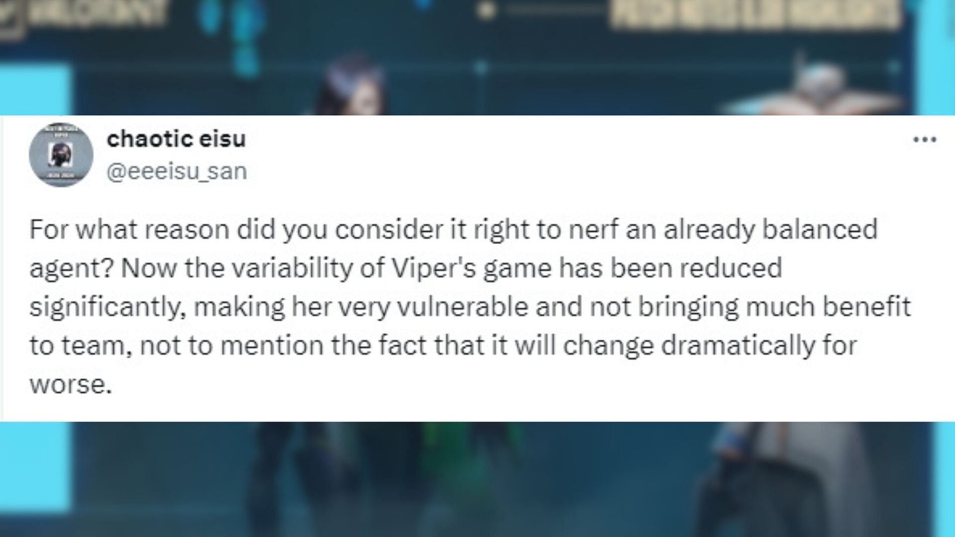 Valorant fan predicts Viper&#039;s downfall (Image via X/@eeeisu_san)