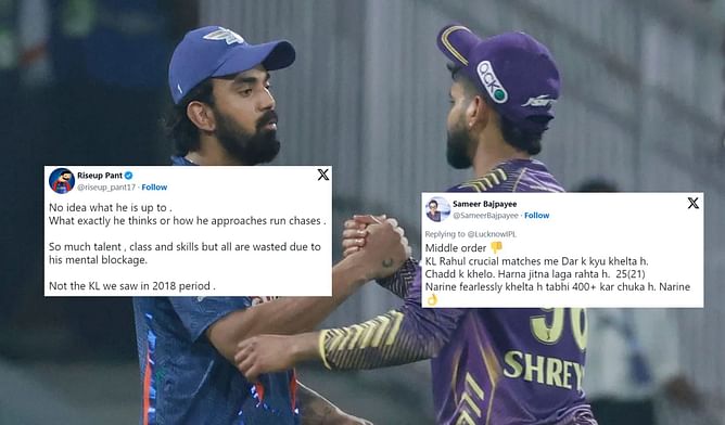 "KL Rahul crucial matches me Dar k kyu khelta h"- Fans react after Rahul's sedate 25 (21) in LSG vs KKR IPL 2024 clash during a chase of 236