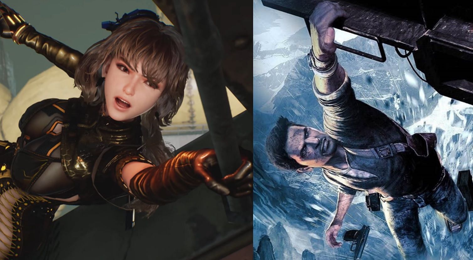 The sequence of Eve falling from the train in Stellar Blade is similar to Nathan&#039;s iconic moment from Uncharted 2: Among Thieves (Image via Sony Interactive Entertainment)