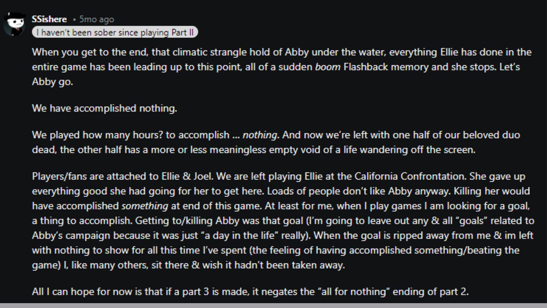 Reddit user comments on Abby being spared at the end of the game (Image via Reddit)