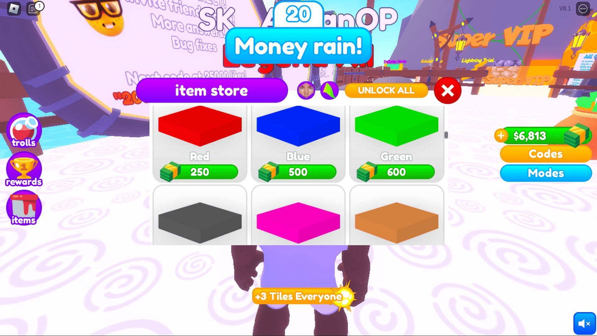 The in-game shop in Shortest Answer Wins (Image via Roblox)