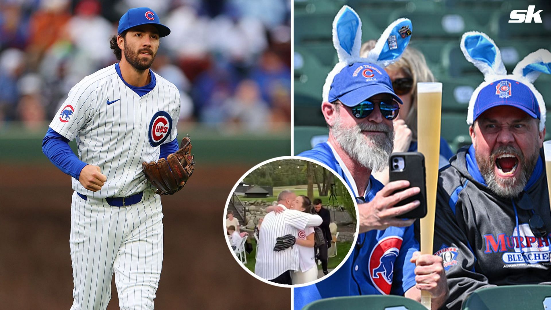 Newlywed couple skip their wedding dance to play catch wearing Cubs jersey