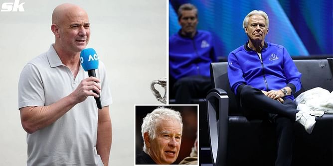 John McEnroe pulls Andre Agassi's legs about Team World players preferring his autobiography to Agassi's, teases him about "sucking up" to Bjorn Borg
