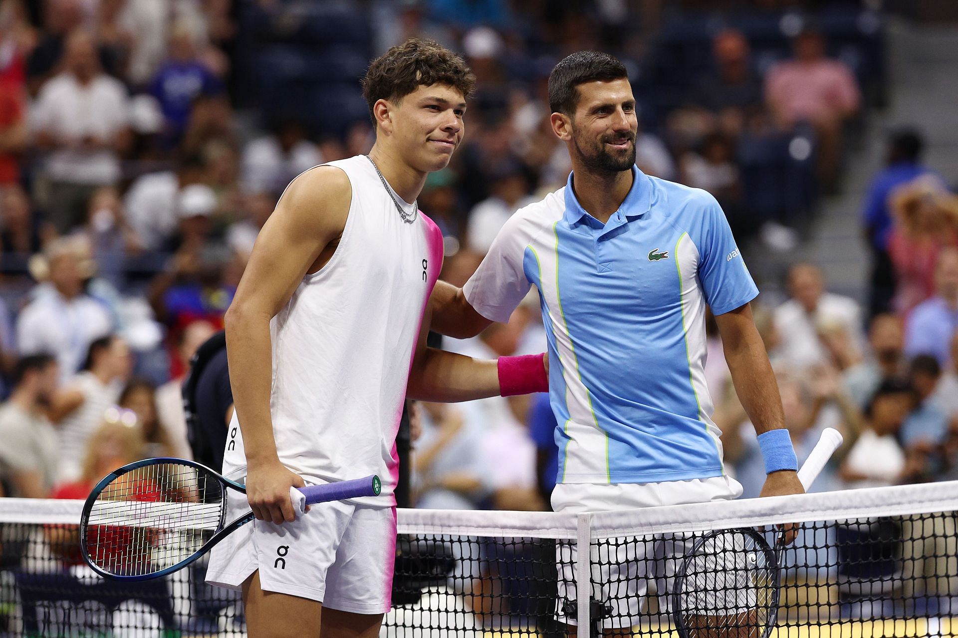 Ben Shelton (L) and Novak Djokovic at the 2023 US Open