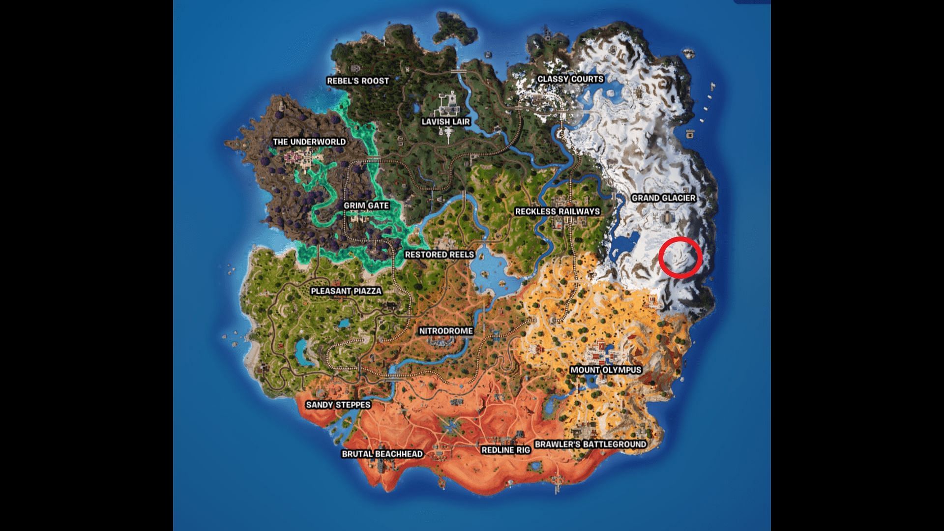 The mystery bunker in Fortnite Chapter 5 Season 3 is located south of Grand Glacier. (Image via Epic Games)