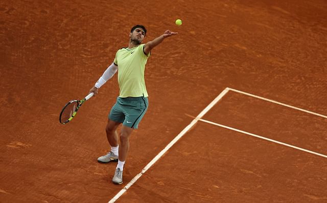 Carlos Alcaraz in action during his Madrid Open quarterfinal against Andrey Rublev