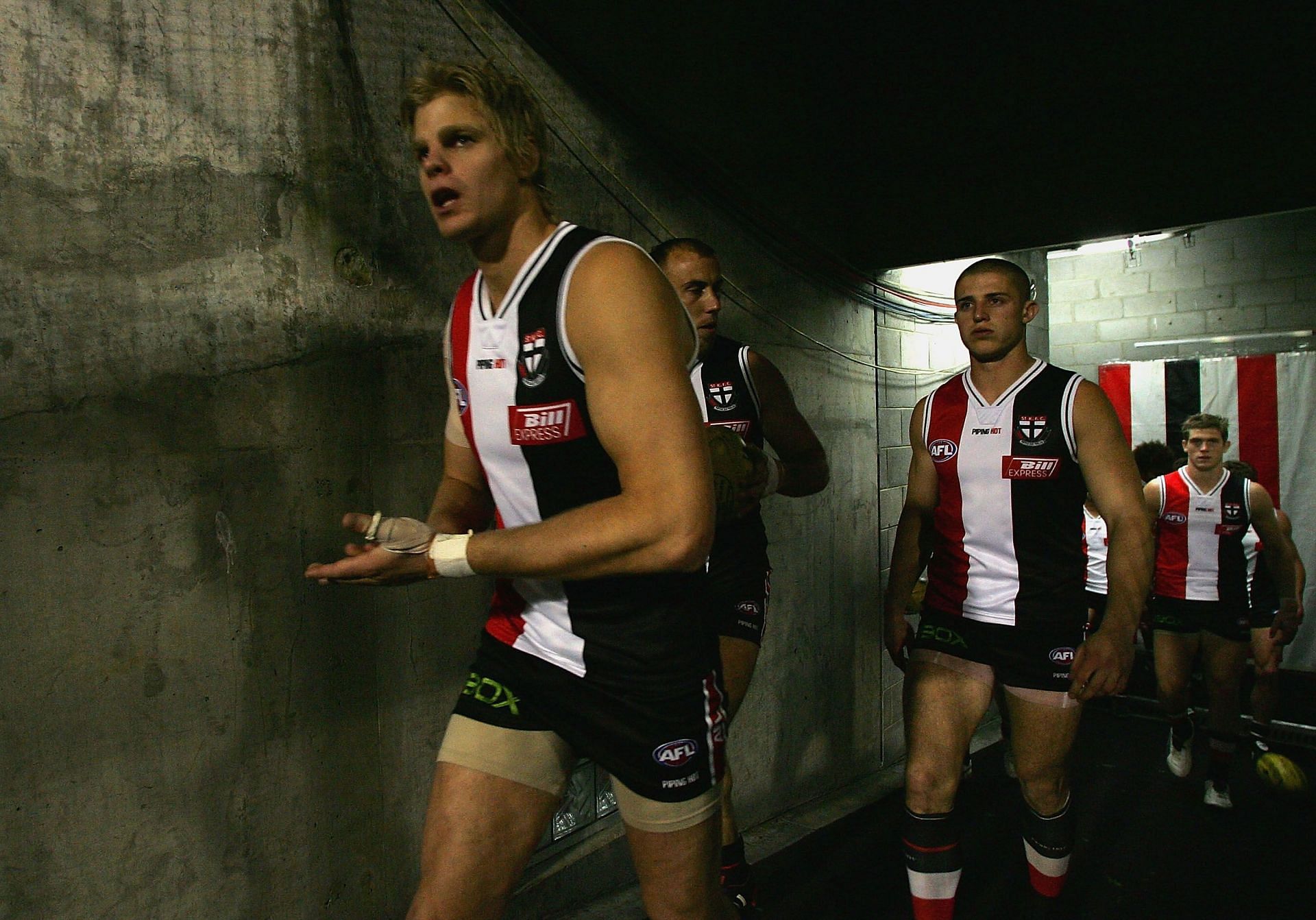 Nick Riewoldt #12 and captain of the Saints leads his team for the AFL Preliminary Final match between the St Kilda Saints and the Sydney Swans in 2005
