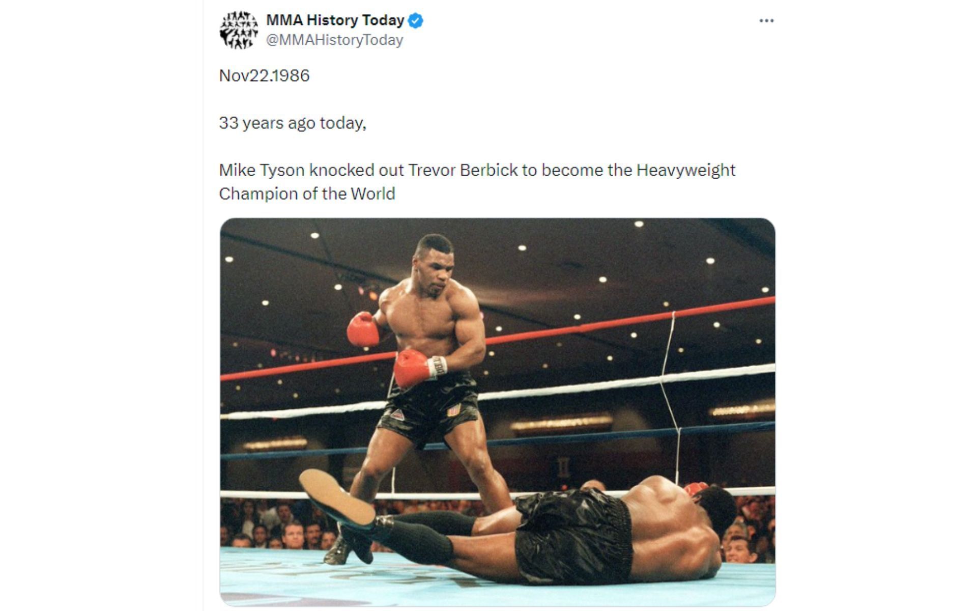 MMA History Today&#039;s tweet regarding Tyson&#039;s win over Berbick [Image courtesy: @MMAHistoryToday - X]