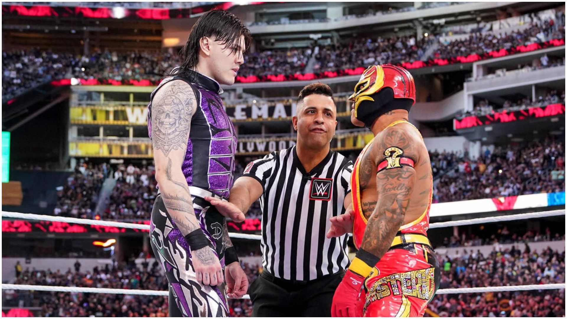 Dominik Mysterio and Rey Mysterio at WWE WrestleMania 39.