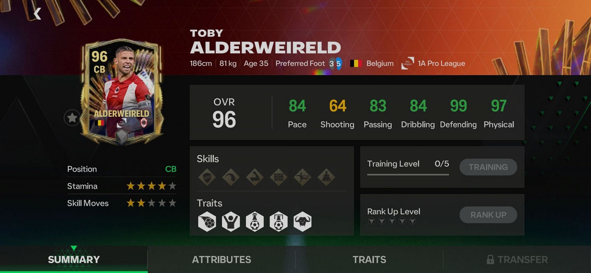 The FC Mobile TOTS Toby Alderweireld Exchange card has brilliant overall stats and attributes (Image via EA Sports)
