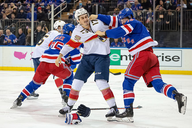 Watch: Chaos ensues as Niko Mikkola's collision with Igor Shesterkin sparks Rangers-Panthers scrum