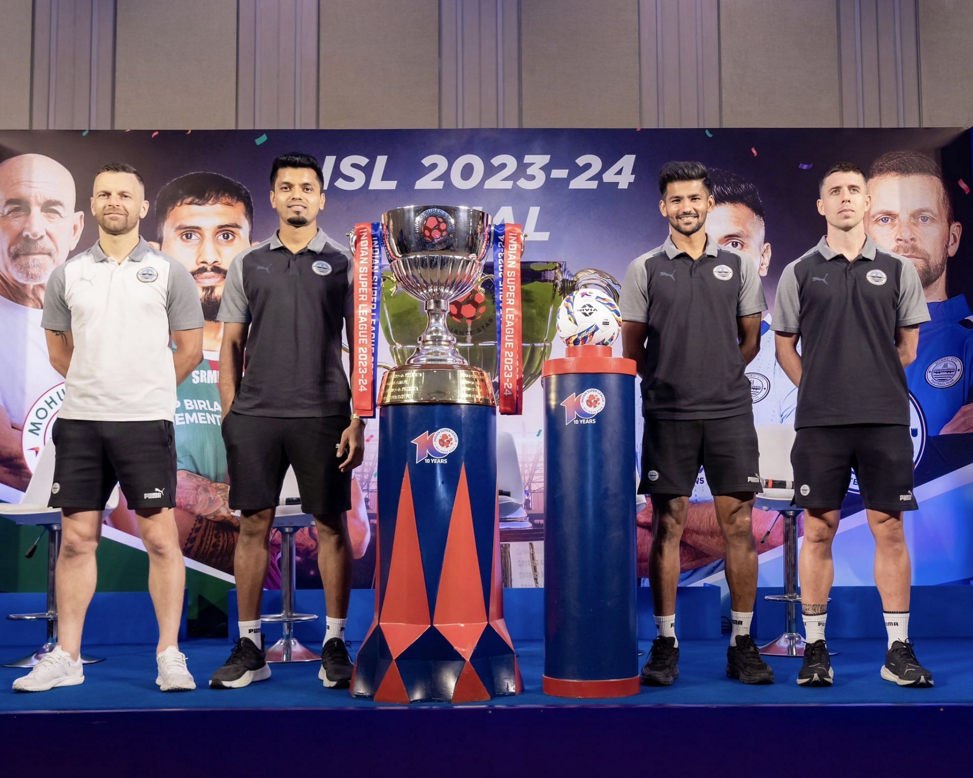 Mumbai City players pictured with the ISL 2023-24 trophy before the final.