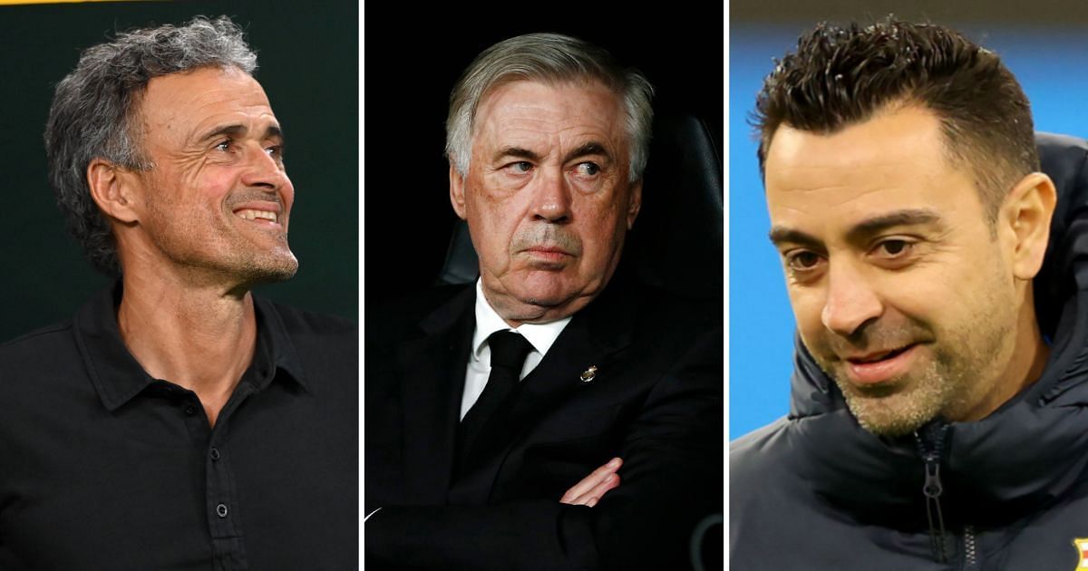 PSG boss Luis Enrique, Real Madrid tactician Carlo Ancelotti and Barcelona manager Xavier Hernandez (from left to right)