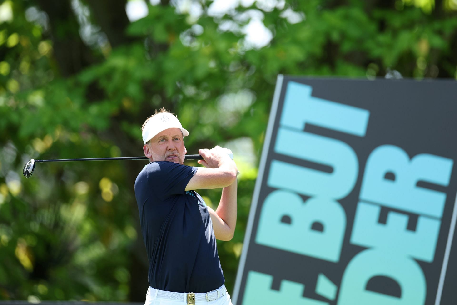 Ian Poulter of Majesticks GC plays his shot from the sixteenth tee during day one of the LIV Golf Invitational - Singapore, Day One