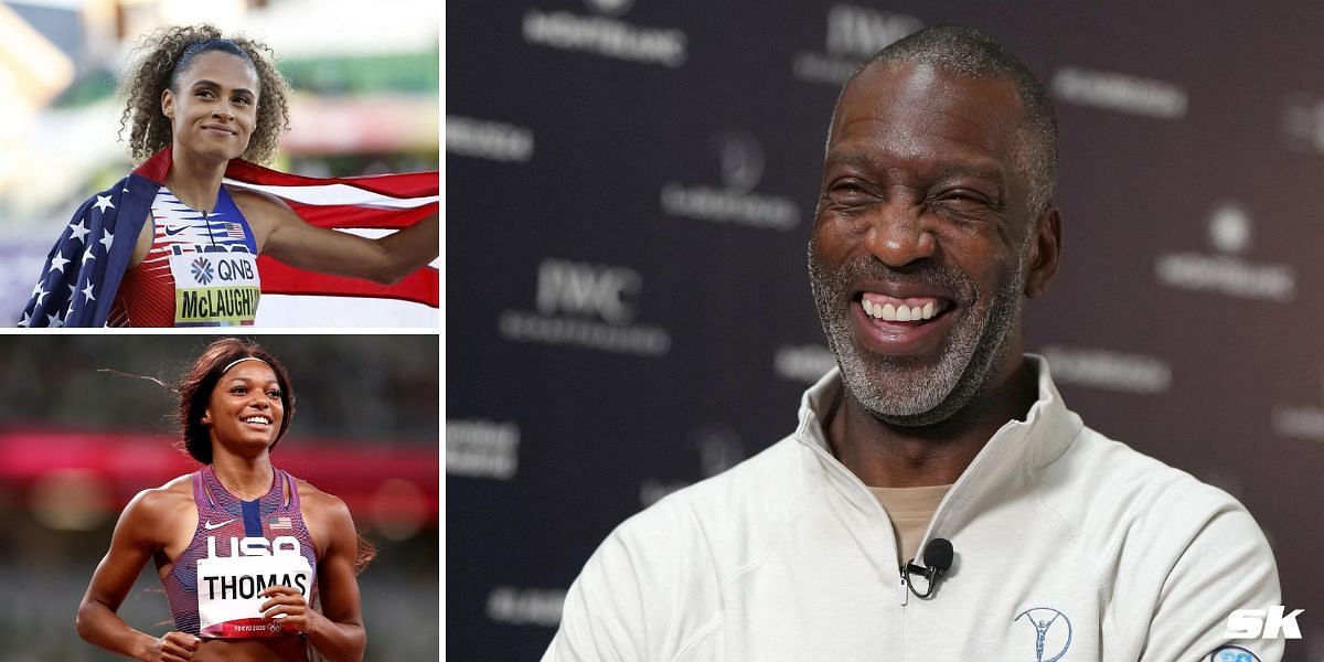 Michael Johnson reacts to competitive women’s 200m field at the USATF