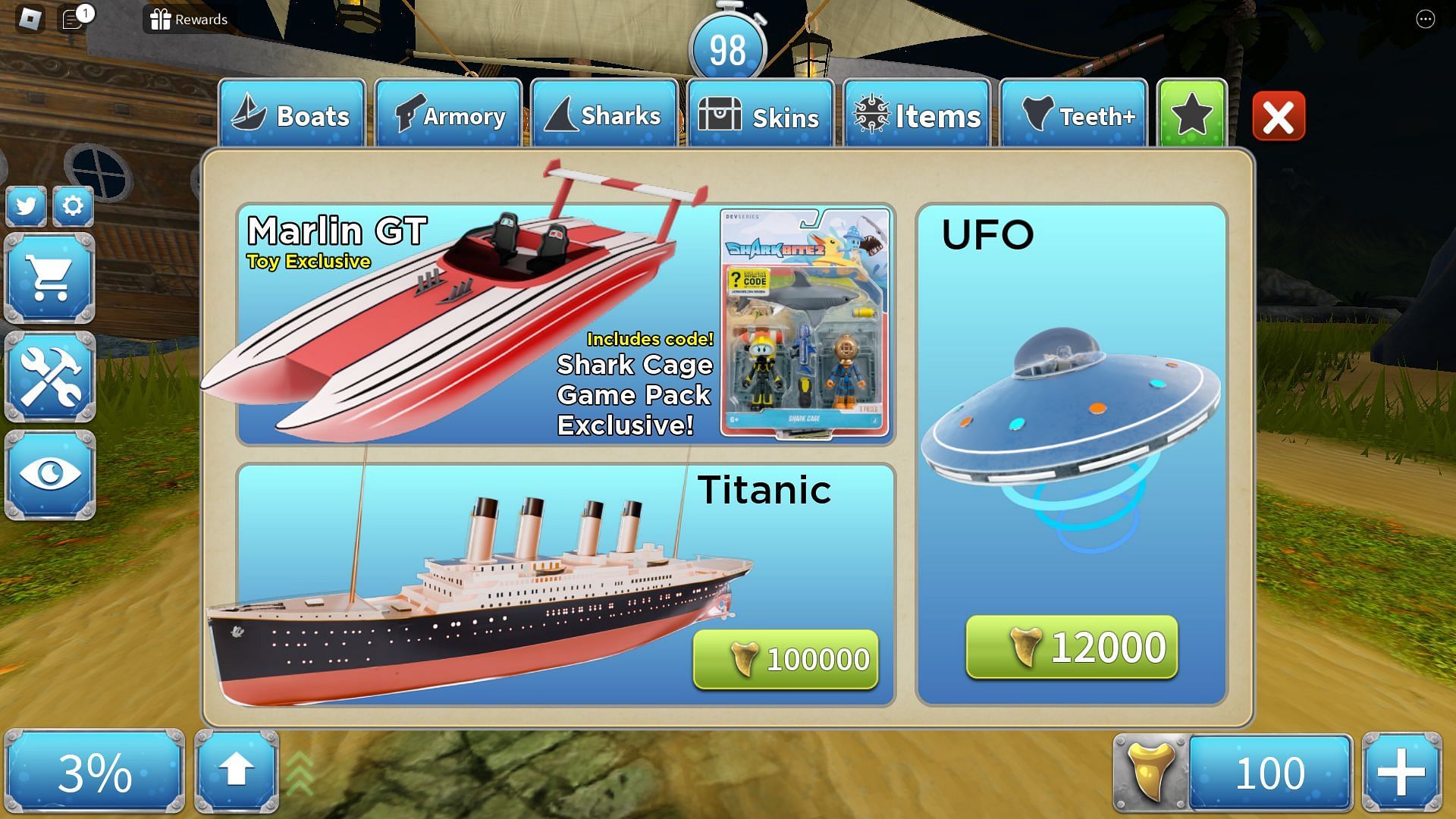 In-game shop showcasing the Titanic and the UFO ships (Image via Roblox)