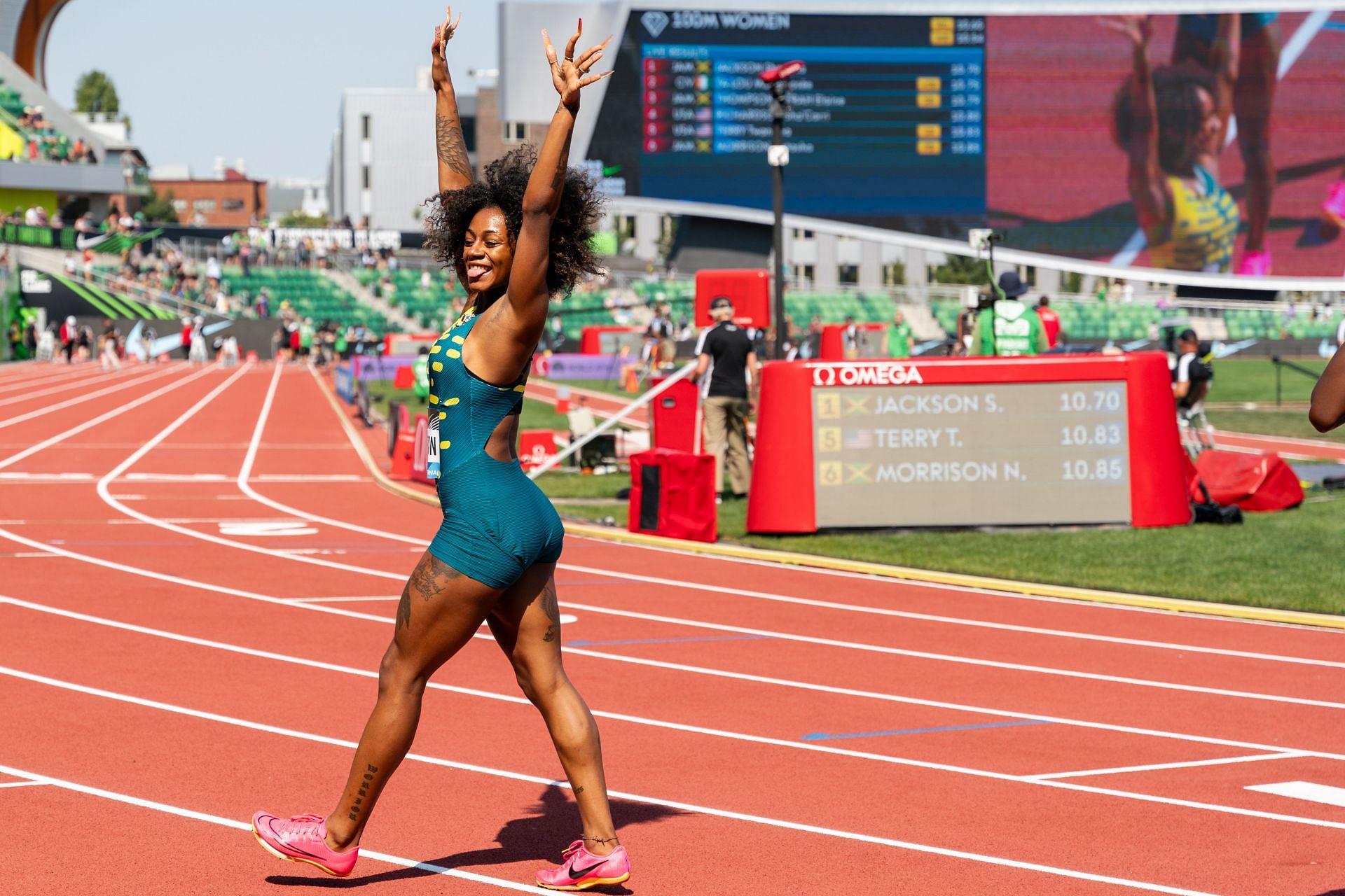 Sha&#039;Carri Richardson of the United States waves towards the crowd after competing in the Women&#039;s 100m during the 2023 Prefontaine Classic and Wanda Diamond League Final at Hayward Field on September 16, 2023 in Eugene, Oregon. (Photo by Ali Gradischer/Getty Images)