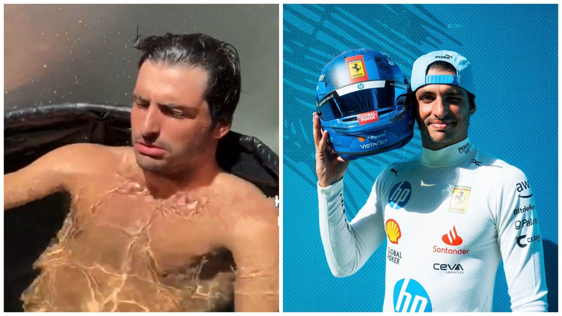 Watch as Ferrari driver Carlos Sainz shivers while taking an ice bath in Miami