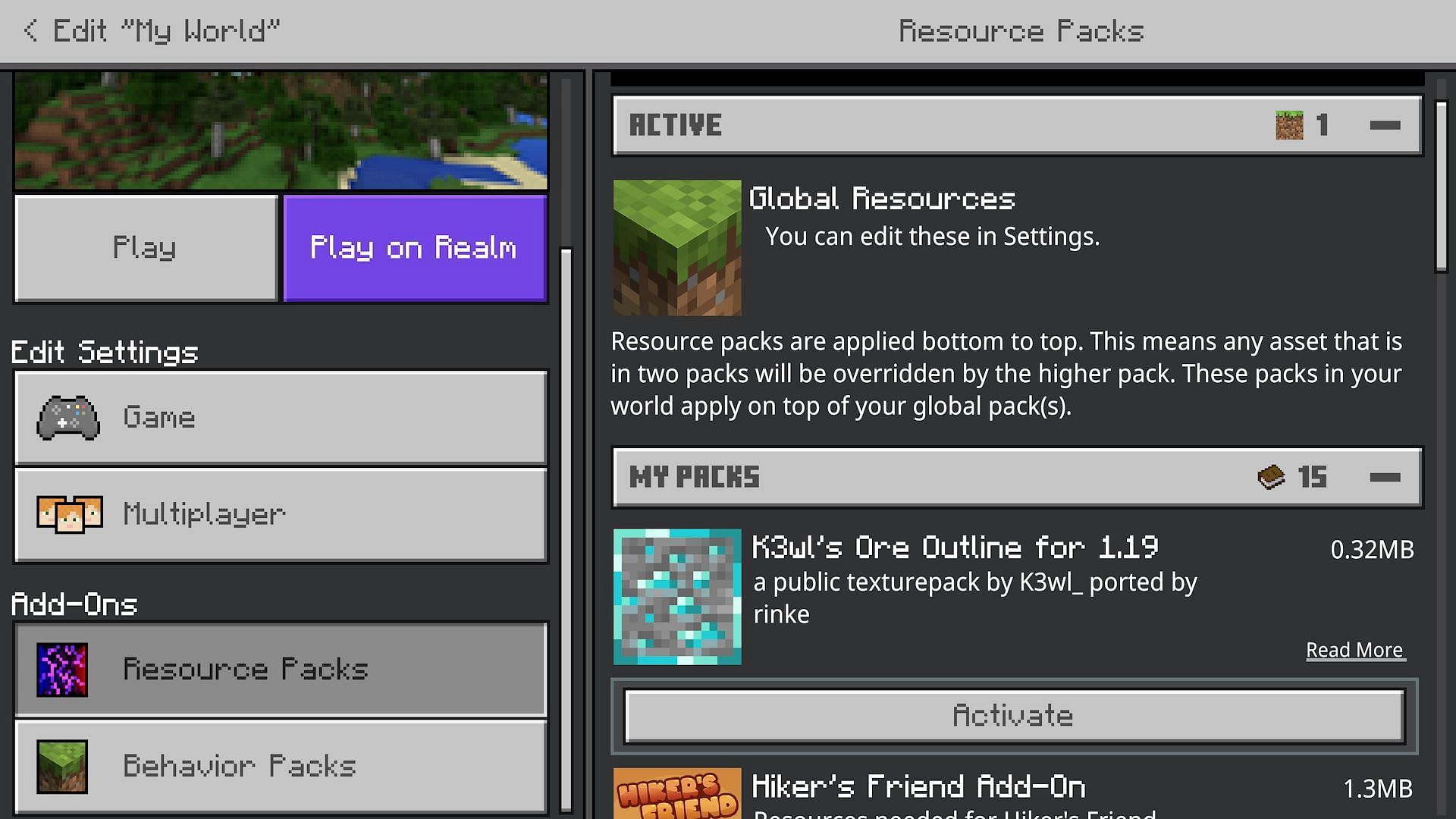 The location of the &quot;Activate&quot; button for resource packs (Image via Mojang)
