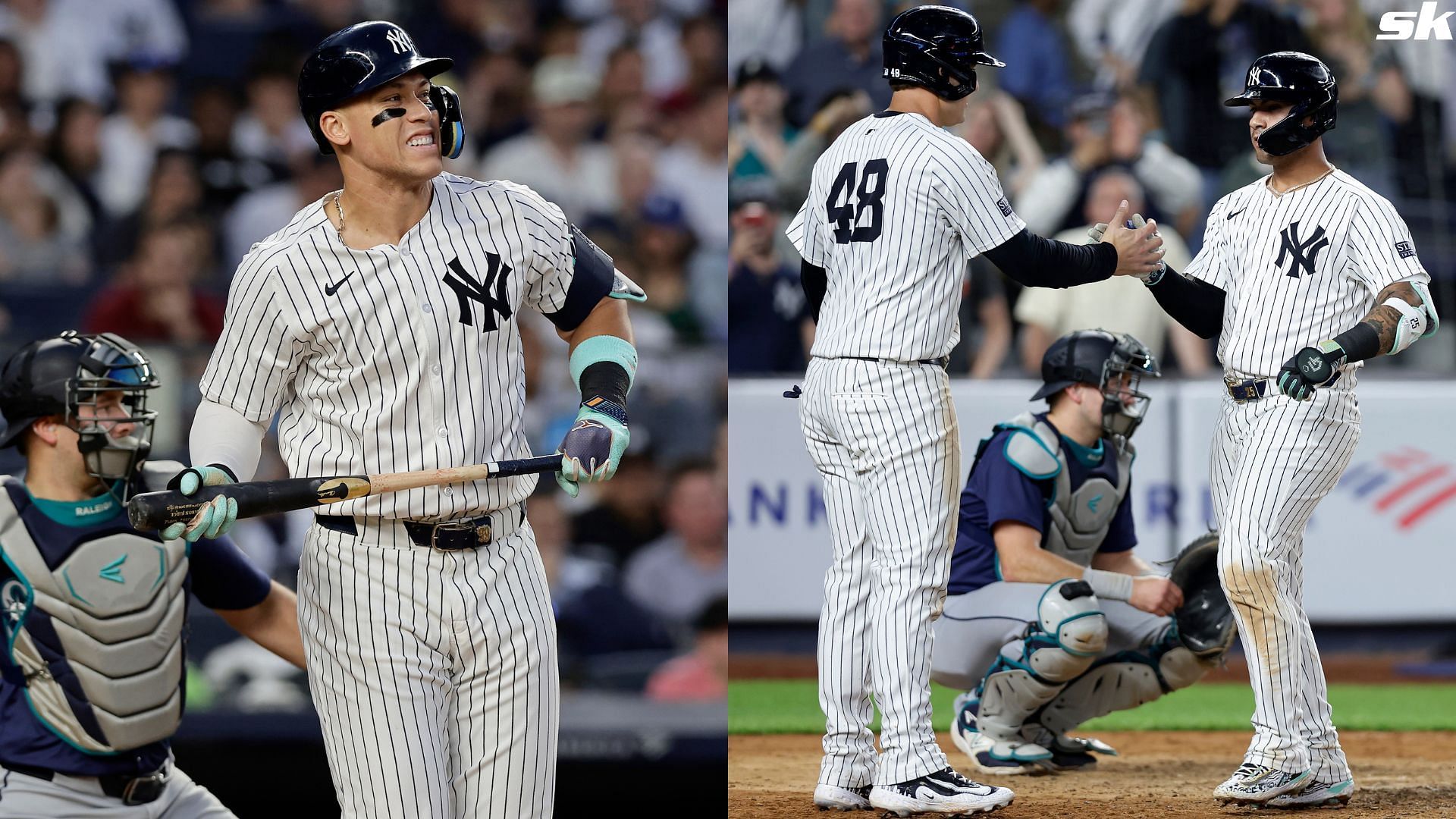 Aaron Judge of the New York Yankees reacts after striking out during the fourth inning against the Seattle Mariners at Yankee Stadium