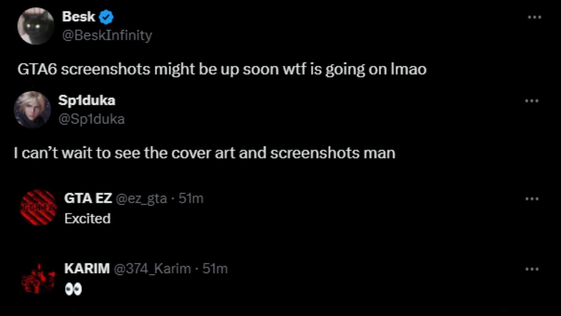 Some fan reactions to the possibility of getting GTA 6 screenshots soon (Images via X)