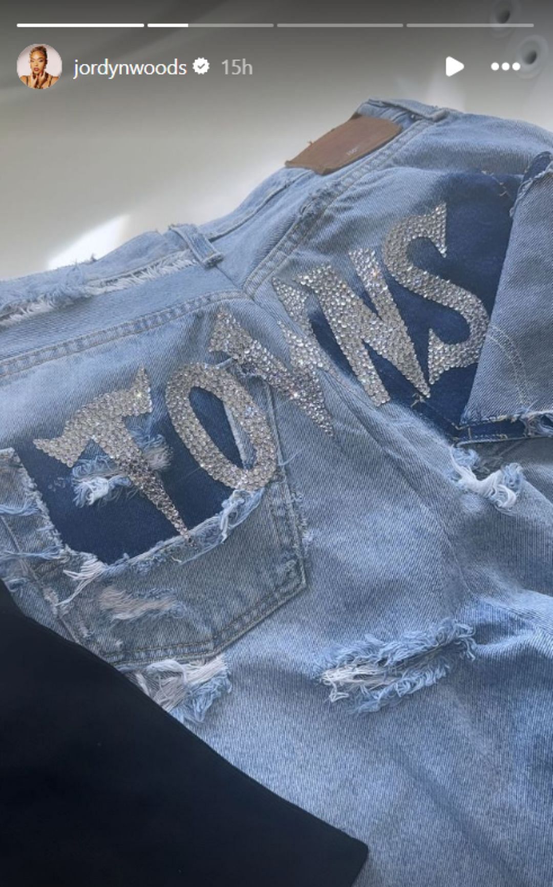 Jordyn Woods&#039; Instagram story featuring the custom jeans with her beau&#039;s name embroidered on it