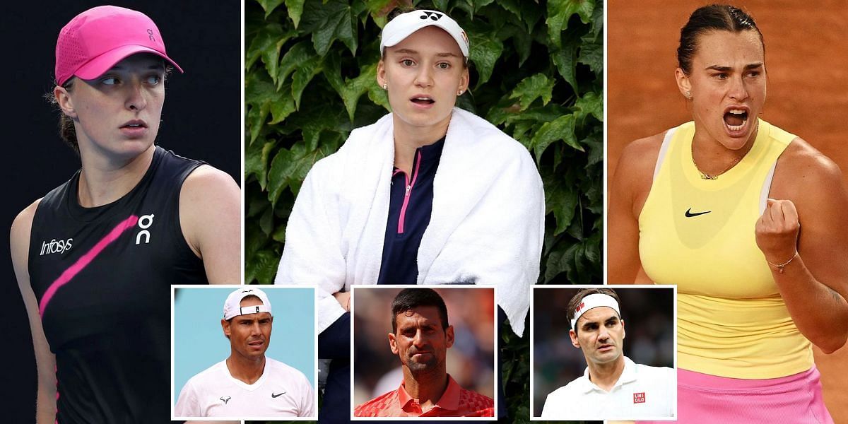 Iga Swiatek (L), Elena Rybakina, Aryna Sabalenka (R); Rafael Nadal (left inset), Novak Djokovic, Roger Federer (right inset). PHOTOS: GETTY